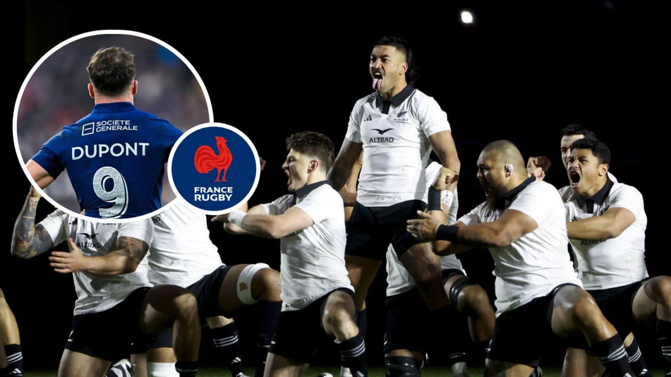 All Blacks haka and an insert of France captain Antoine Dupont