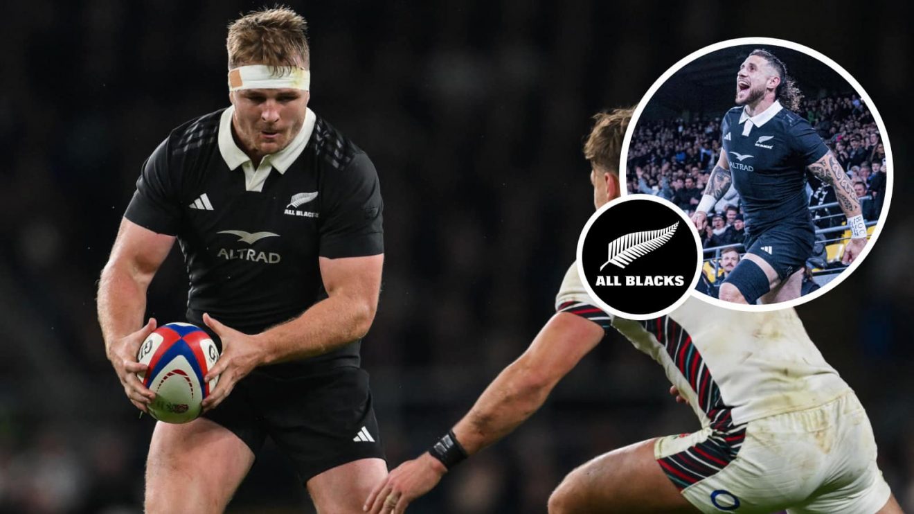 Sam Cane in action for All Blacks against England, and scrum-half TJ Perenara (inset).