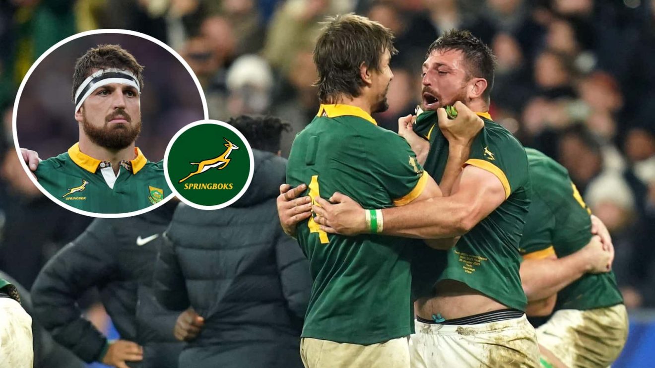 Springboks locks Eben Etzebeth and Jean Kleyn after the final whistle of the Rugby World Cup final and an insert of Kleyn
