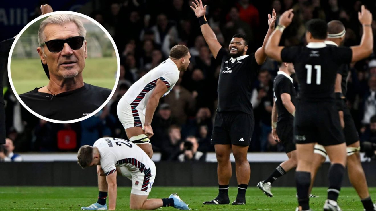 All Blacks celebrating at Twickenham and former back-rower Murray Mexted (inset).