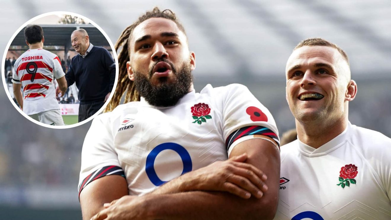 England back-rowers Ben Earl and Chandler Cunningham-South and an insert of Japan head coach Eddie Jones.