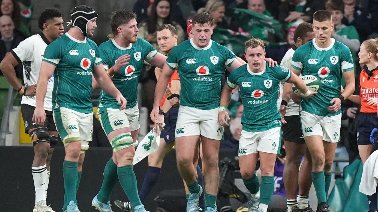 Craig Casey congratulated after scoring for Ireland against Fiji.