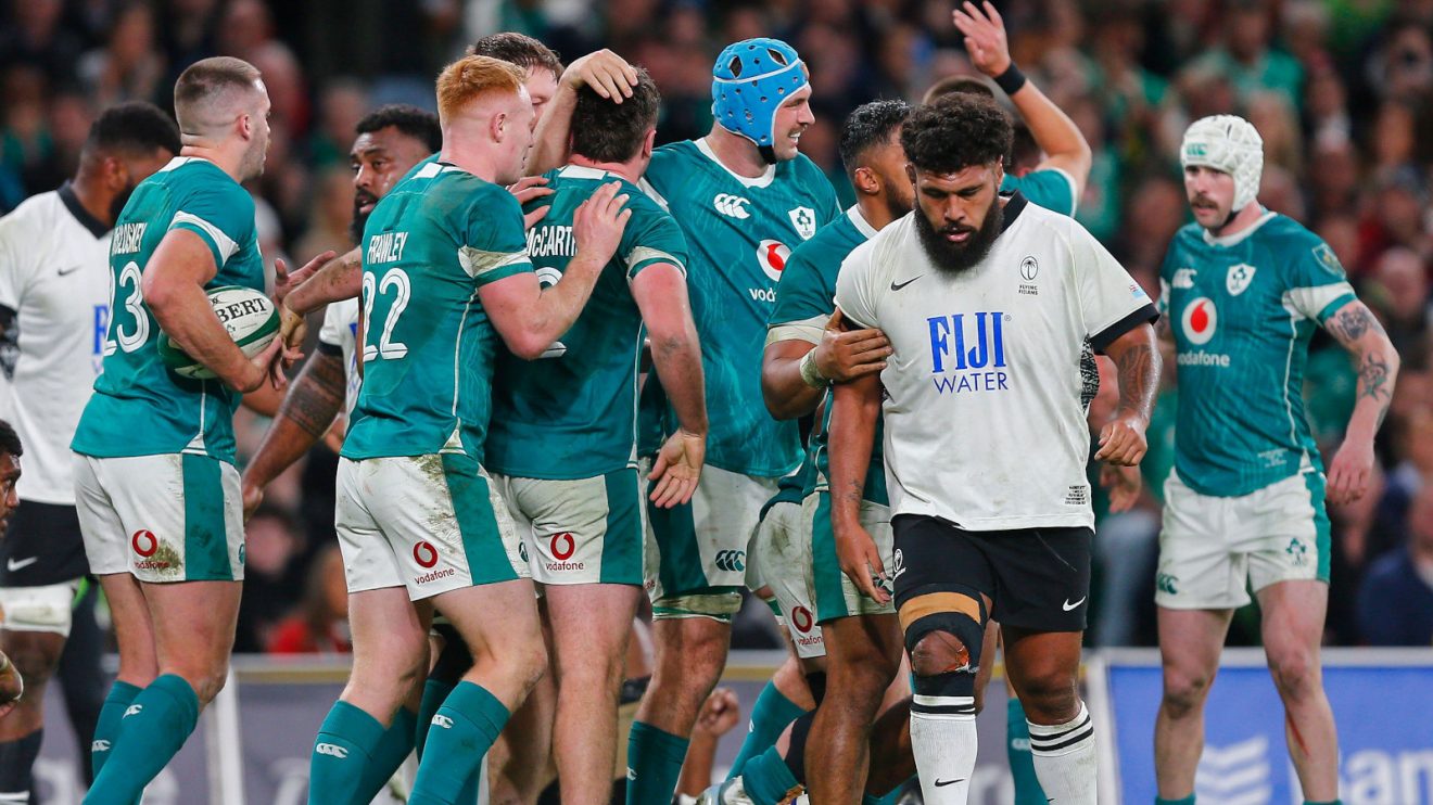 Ireland celebrate Gus McCarthy try against Fiji at the Aviva Stadium.