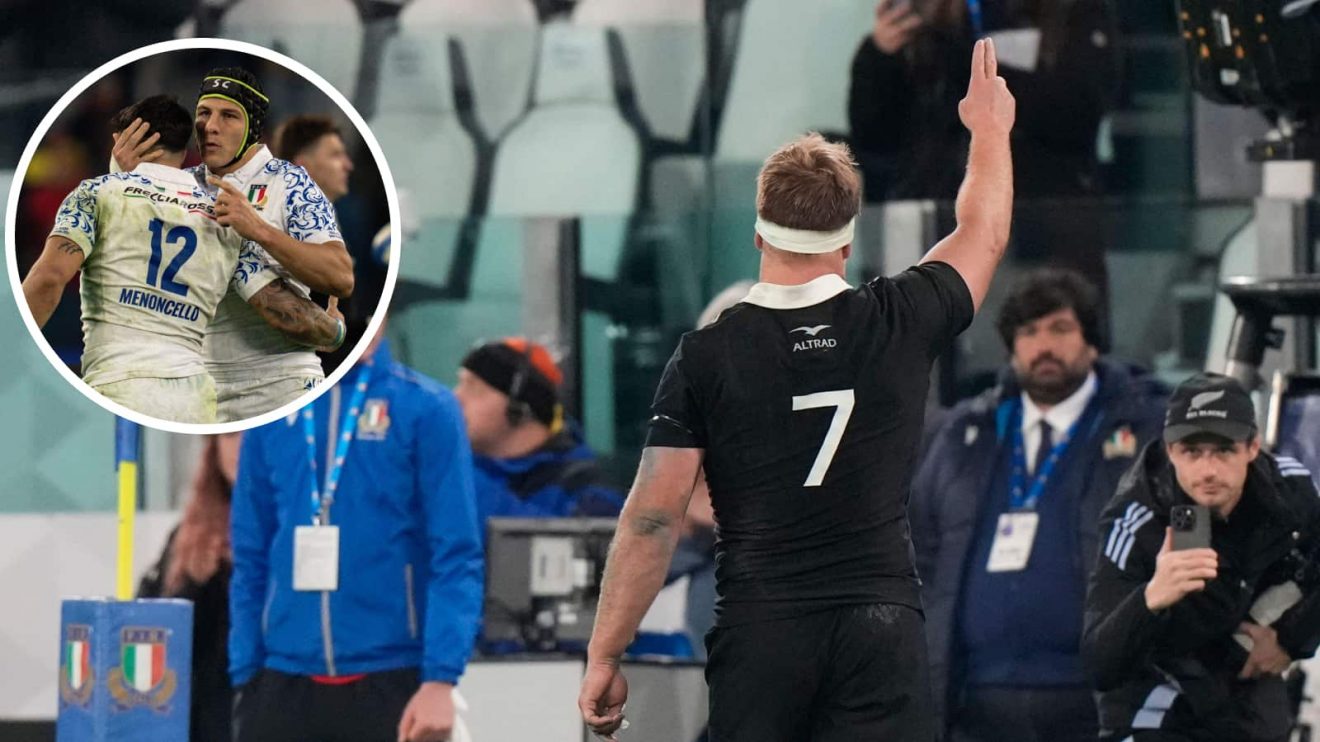 All Blacks flanker Sam Cane and Italy centres Ignacio Brex hugs Tommaso Menoncello and Nacho Brex
