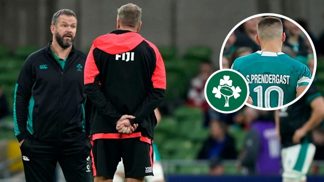 Ireland head coach Andy Farrell speaking to Fiji boss Mick Byrne, and fly-half Sam Prendergast (inset) after being yellow carded.