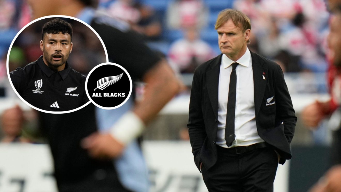 All Blacks head coach Scott Robertson and Japan-based fly-half Richie Mo'unga (inset).