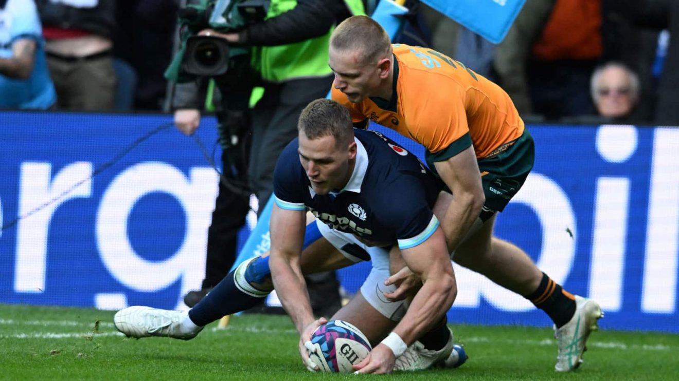 Duhan van der Merwe scoring a try for Scotland v Australia in 2024.