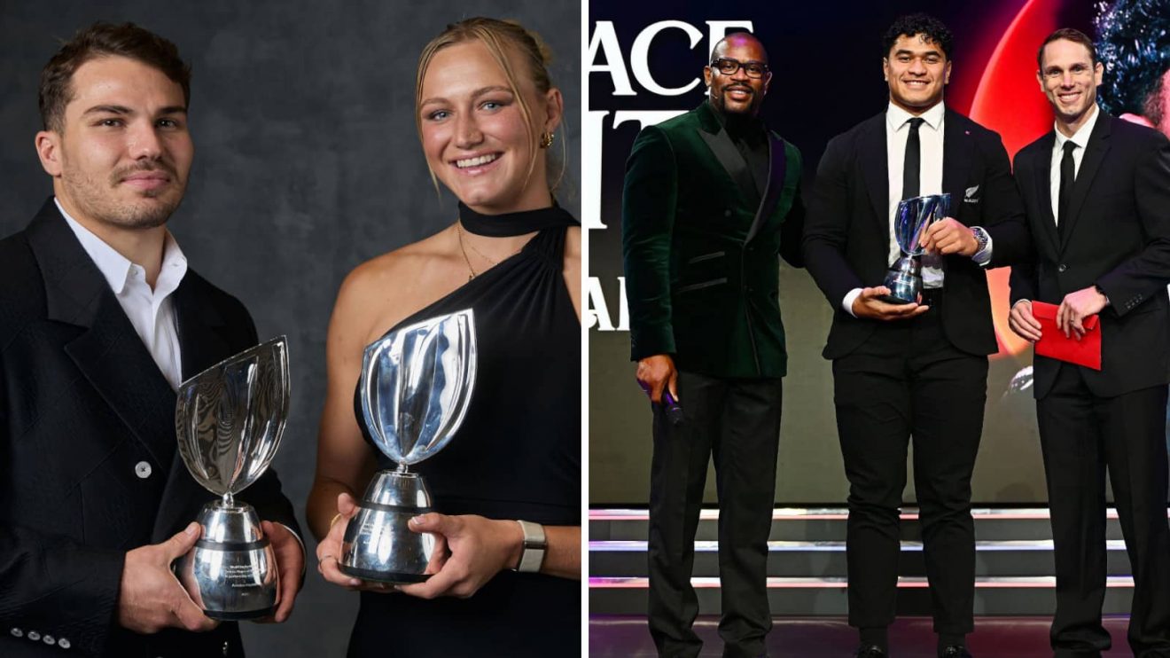 Sevens winners Antoine Dupont and Maddison Levi (left), and the men's breakthrough player Wallace Sititi (right).