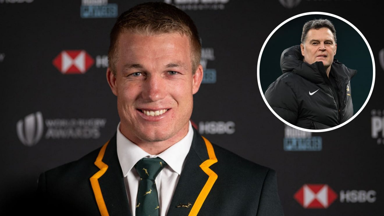 World Rugby Player of the Year Pieter-Steph du Toit and an insert of Springboks coach Rassie-Erasmus.