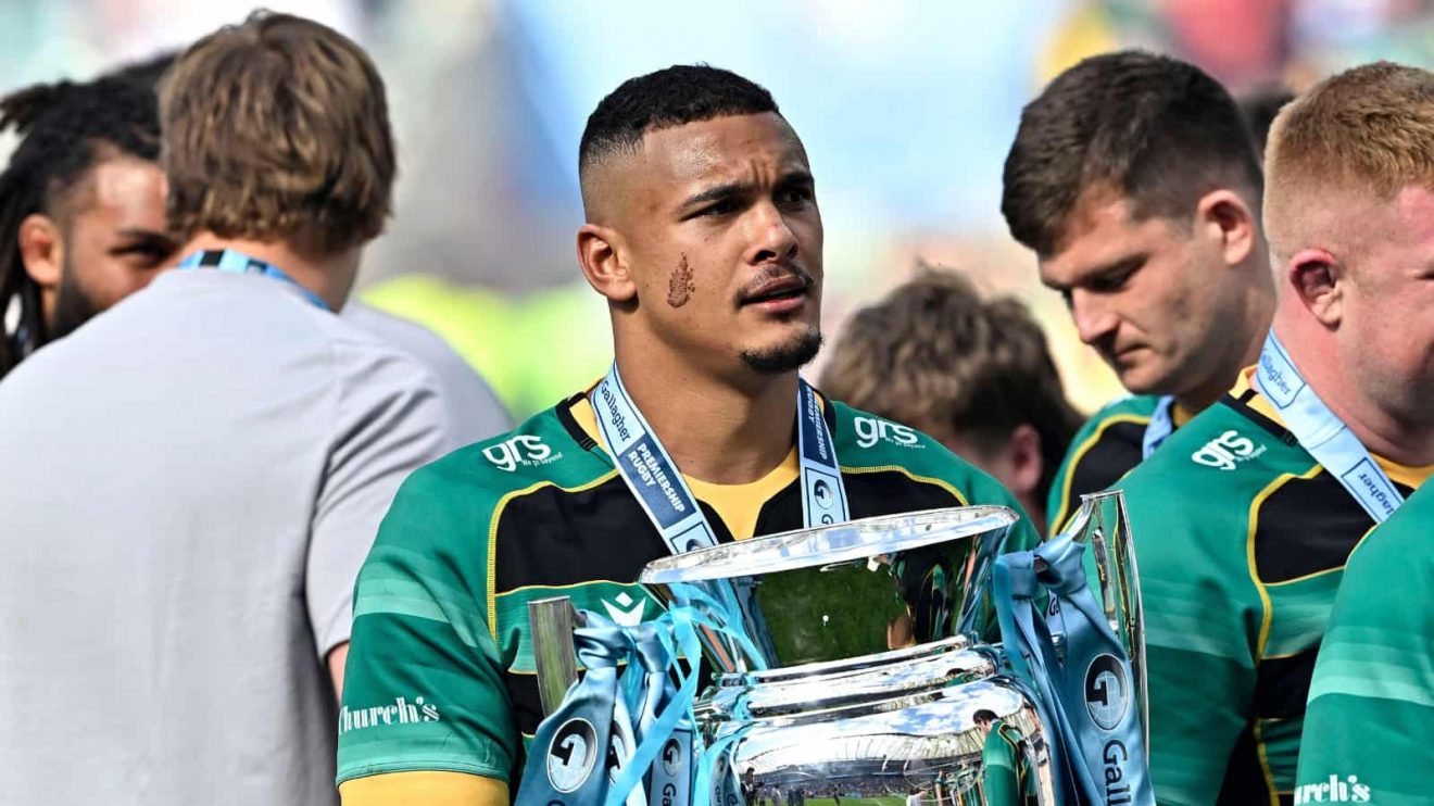 Juarno Augustus (Northampton Saints) with the trophy during the Gallagher Premiership rugby final between Northampton Saints and Bath Rugby.