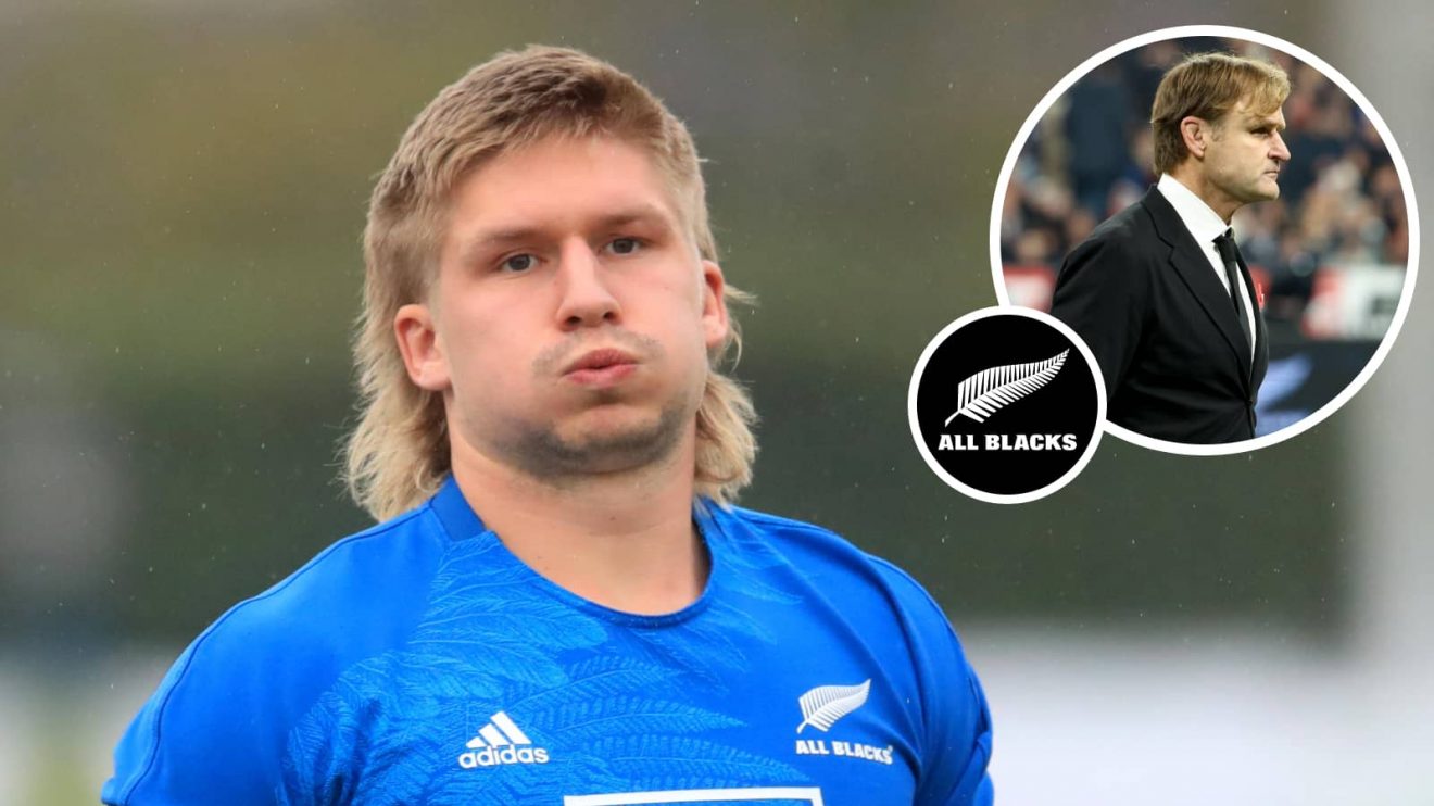 Ex-All Blacks centre Jack Goodhue and an insert of head coach Scott Robertson