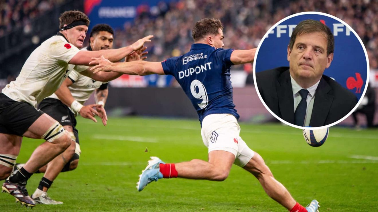 All Blacks captain Scott Barrett, France captain Antoine Dupont and an insert of FFR president Florian Grill.