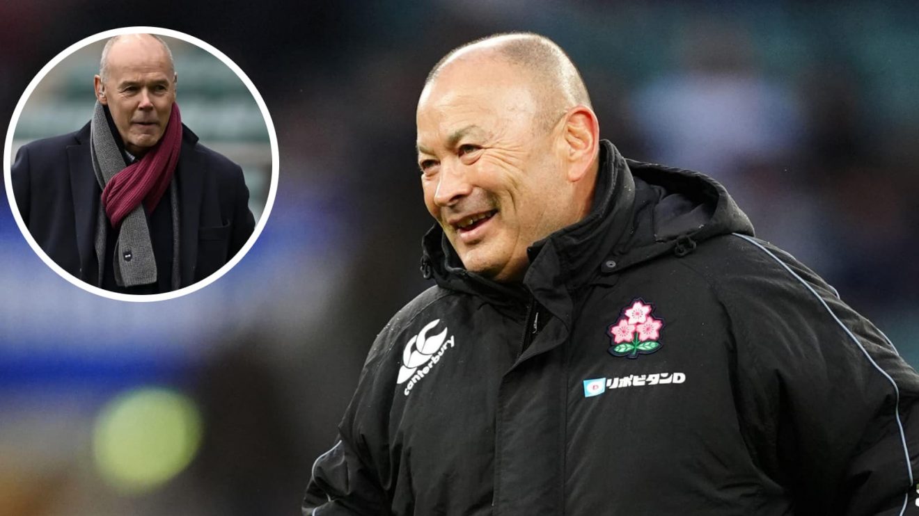 Japan head coach Eddie Jones and an insert of Sir Clive Woodward.