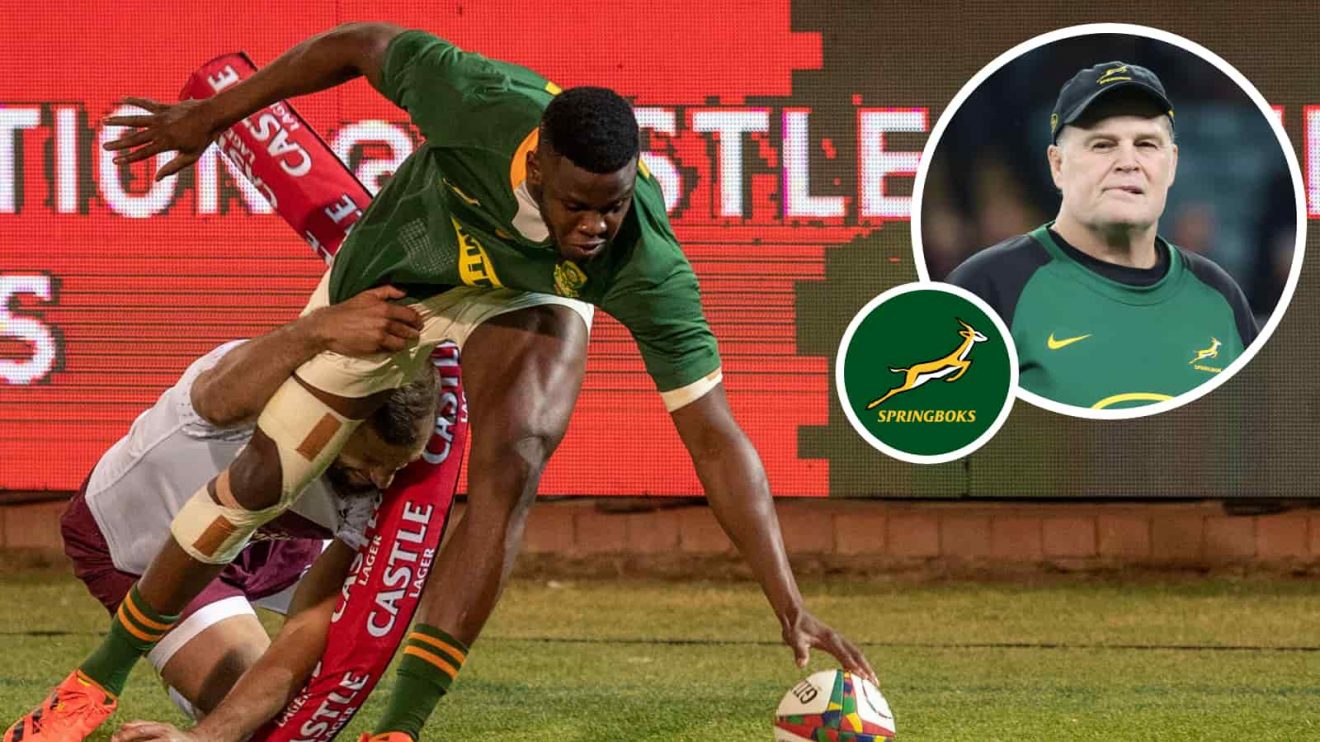 Springboks back Aphelele Fassi scores against Georgia and an insert of Rassie Erasmus