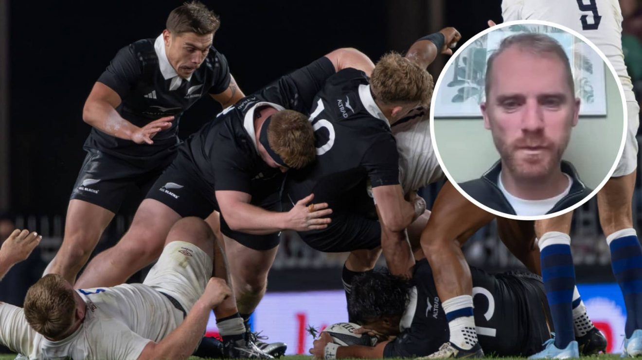 All Blacks v England at the breakdown in 2024 and former Test referee Wayne Barnes (inset).