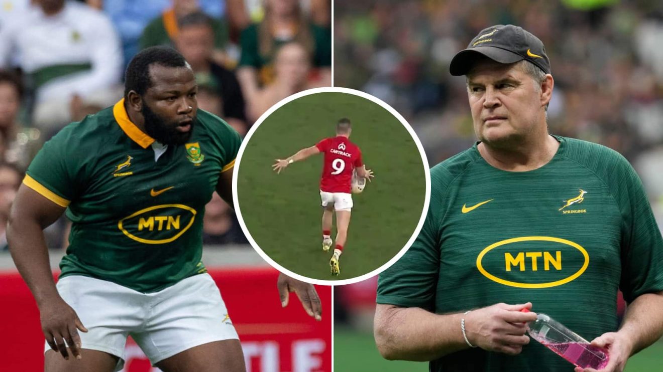 Split of Springboks prop Ox Nche and head coach Rassie Erasmus and insert of Portugal's try.