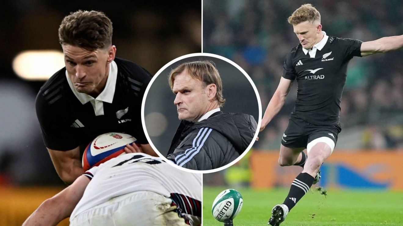 All Blacks playmakers Beauden Barrett (left) and Damian McKenzie (right), and head coach Scott Robertson (inset, middle).