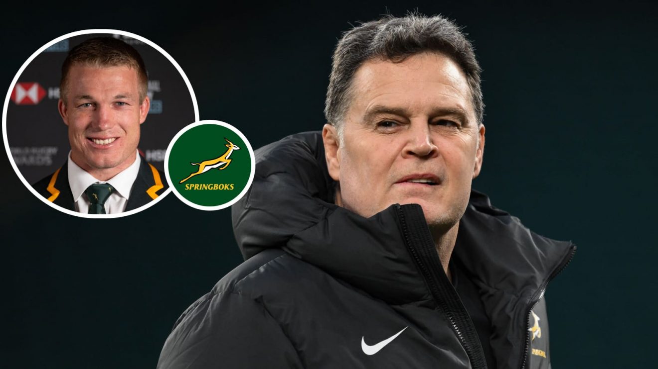 Springboks head coach Rassie Erasmus and an insert of World Rugby Player of the Year Pieter-Steph du Toit.