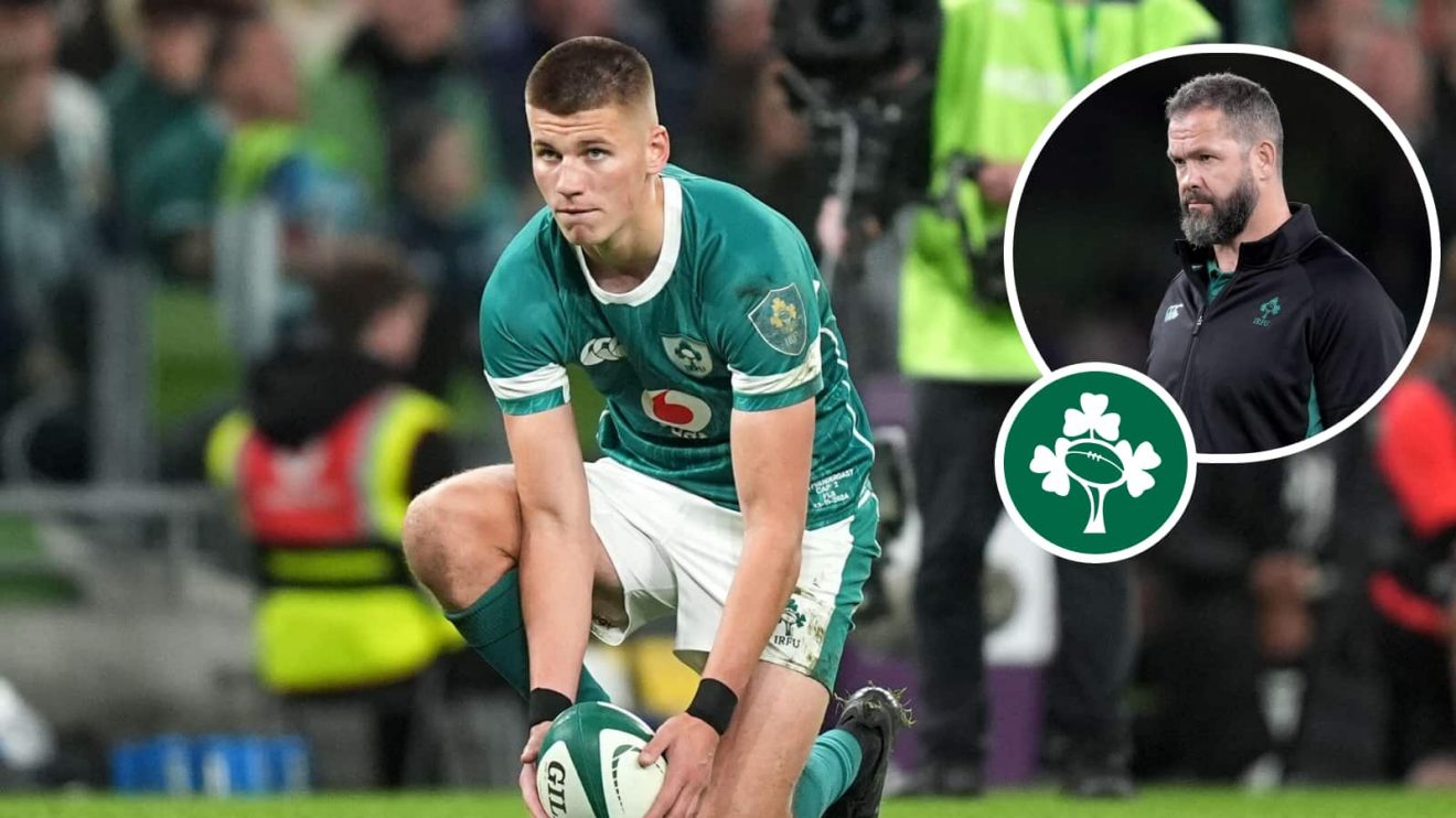 Sam Prendergast and an insert of Ireland head coach Andy Farrell