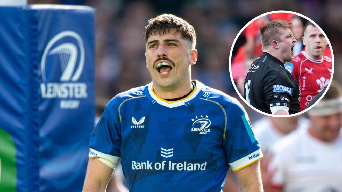 Split with Leinster's Jimmy O'Brien and Glasgow's Johnny Matthews.