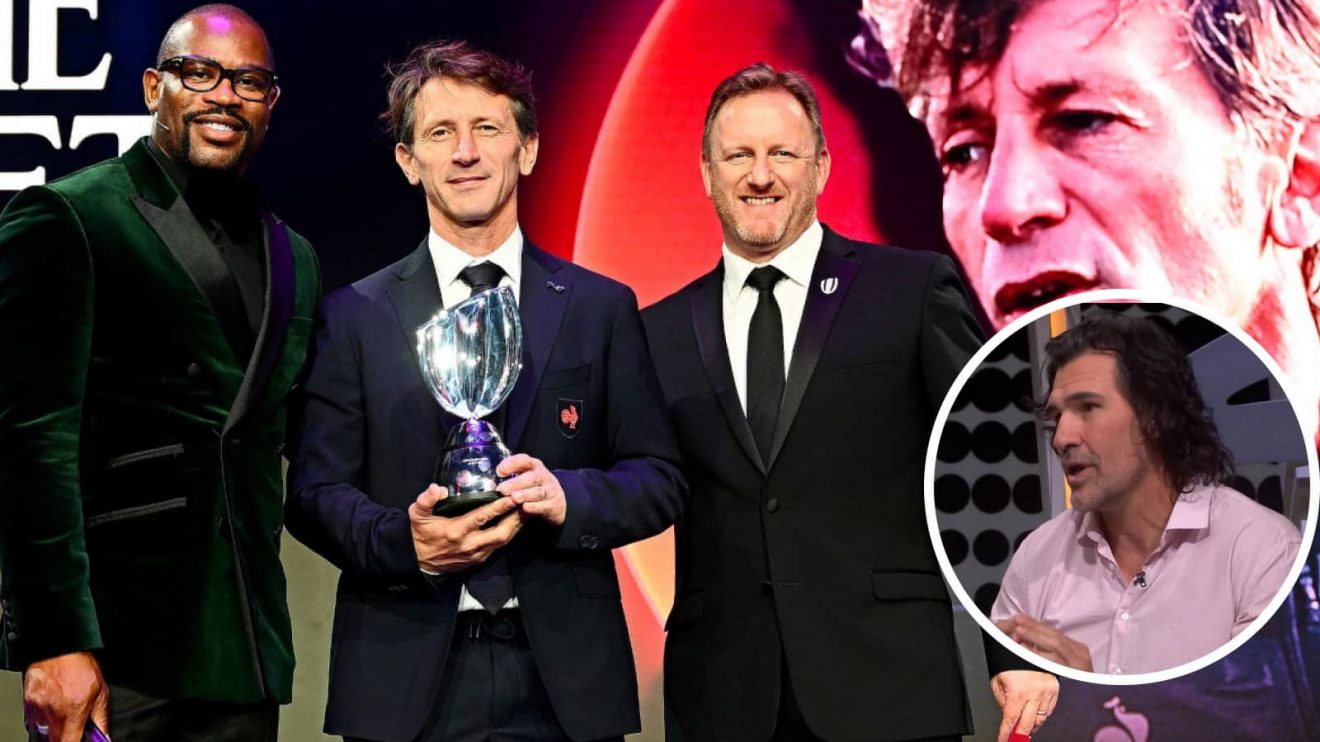 France sevens boss Jerome Daret with his coach of the year award and Springboks legend Victor Matfield (inset).