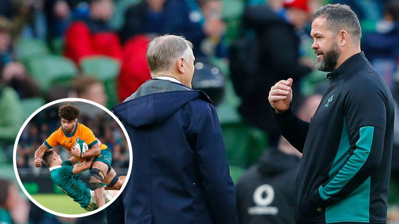 Ireland head coach Andy Farrell speaking with Wallabies boss Joe Schmidt and a big Rob Valetini carry (inset).