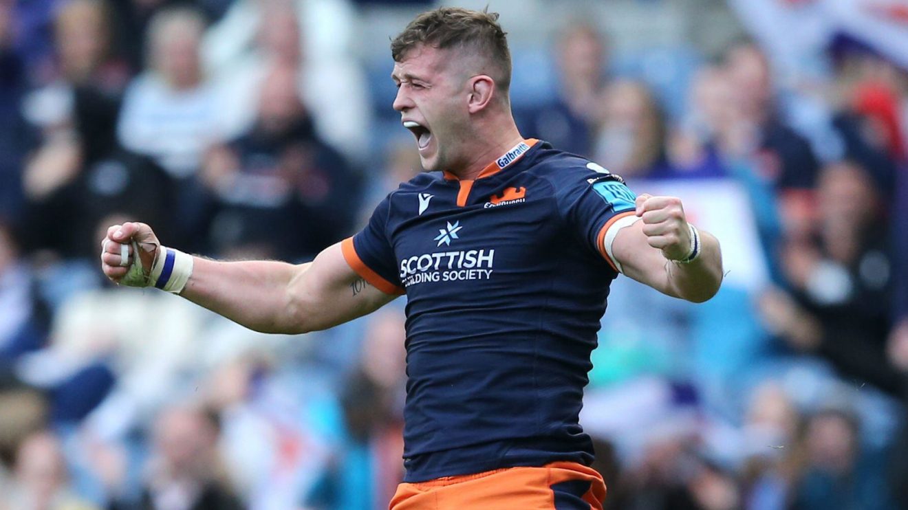 Edinburgh back-row Magnus Bradbury celebrating.