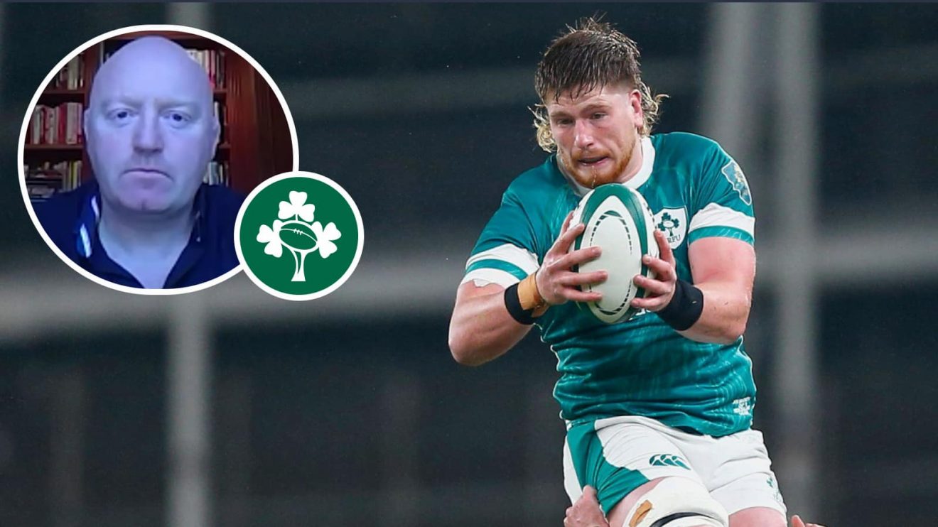 Joe McCarthy takes a lineout for Ireland in the Autumn Nations Series and pundit Bernard Jackman.