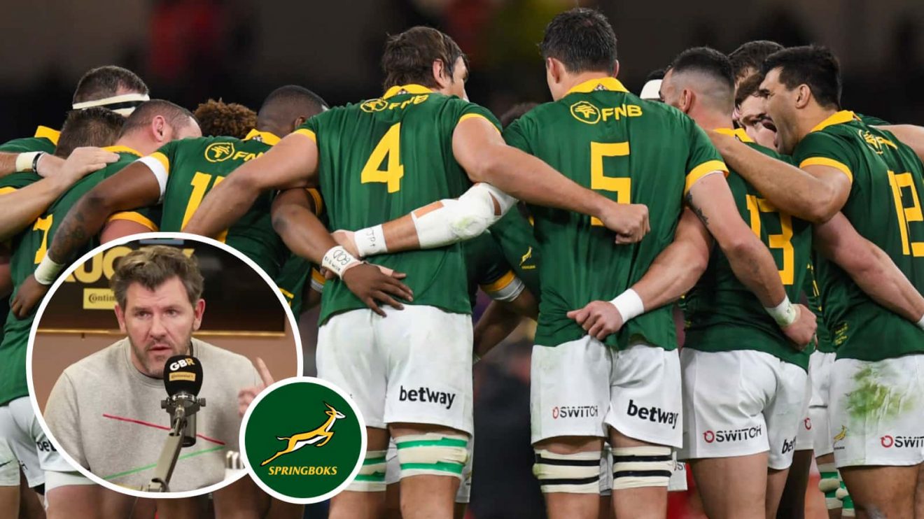 Springboks side in a huddle in 2024 and former Ireland player Shane Horgan (inset).