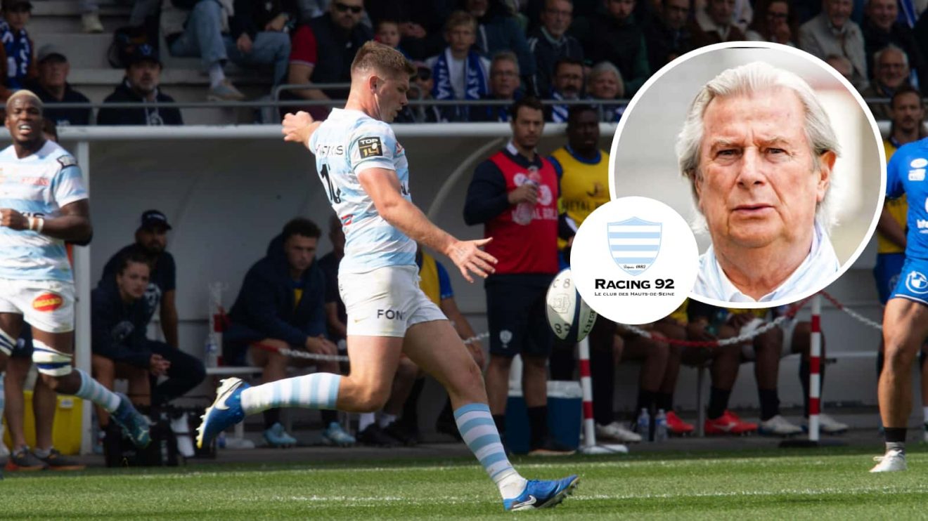 Racing 92 fly-half Owen Farrell and an insert of club president Jacky Lorenzetti.