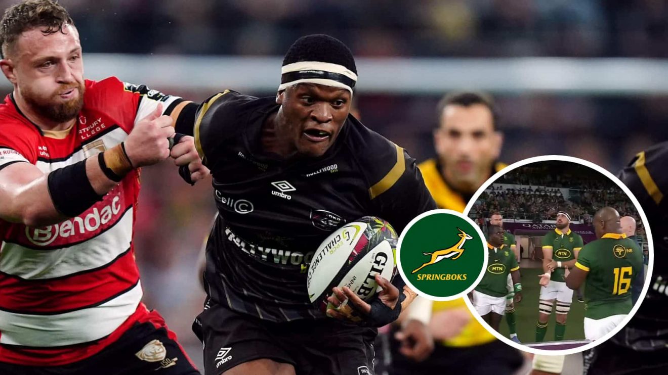 Sharks flanker Phepsi Buthlezi and an insert of the Springboks Bomb Squad.