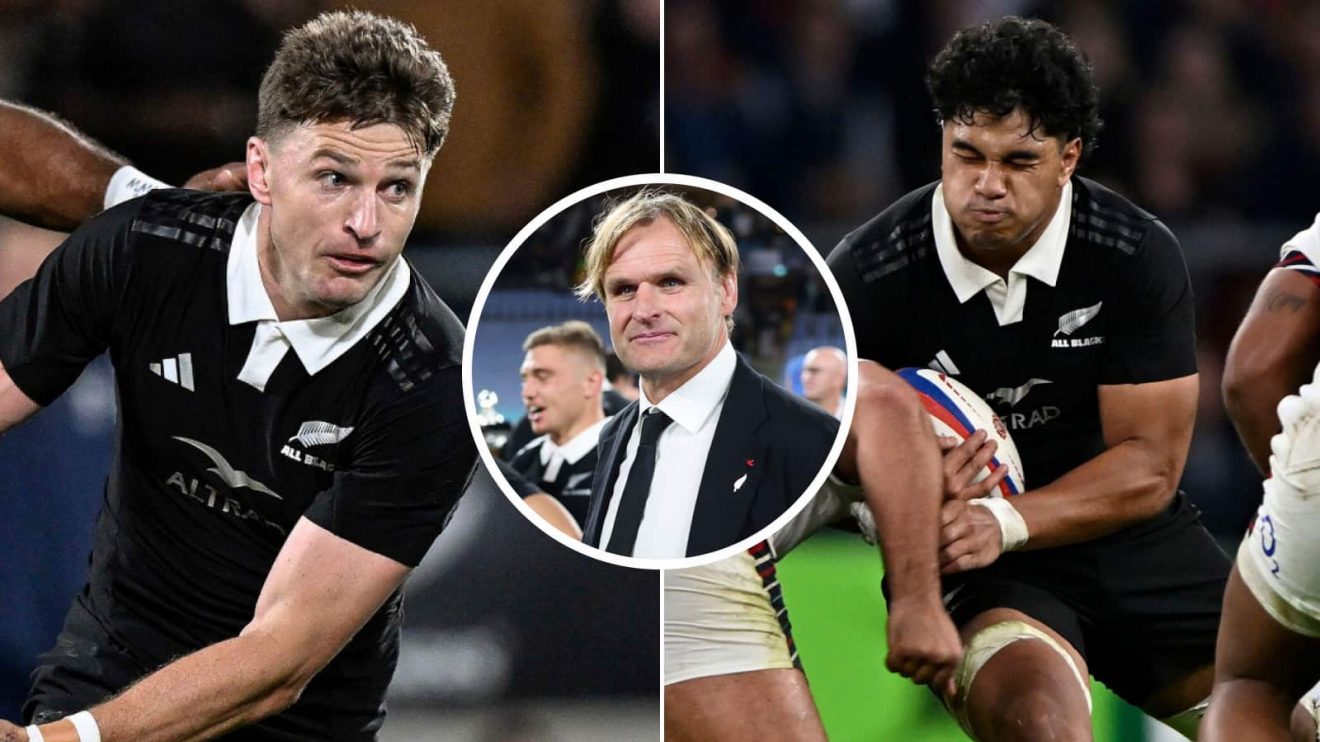 All Blacks duo Beauden Barrett (left) and Wallace Sititi (right) alongside head coach Scott Robertson (inset, middle).