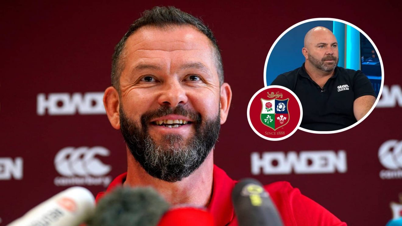 British and Irish Lions head coach Andy Farrell and in an insert of Sean Maloney.