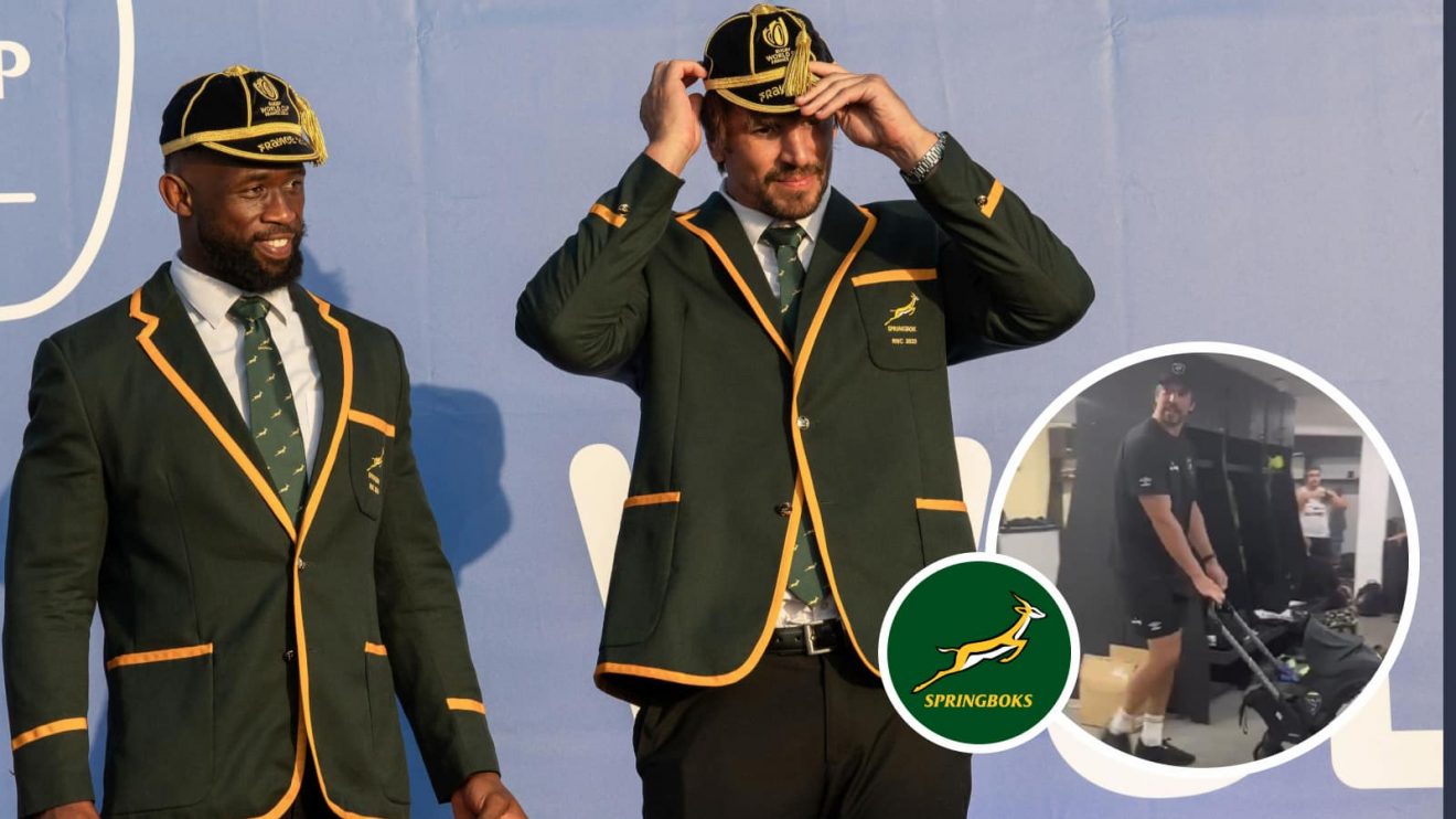 Siya Kolisi and Eben Etzebeth, and the Springboks lock pushing a pram (inset).