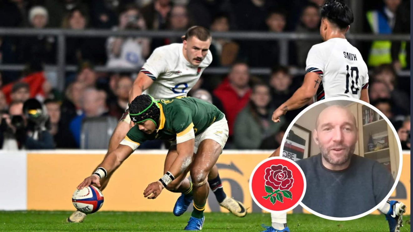 England conceding a try to the Springboks in 2024 and 2003 Rugby World Cup winner Ben Kay (inset).