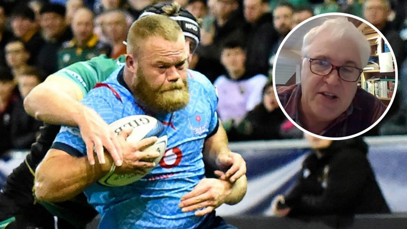 Bulls scoring a try in the 2024 Champions Cup quarter-final and former England player Stuart Barnes (inset).