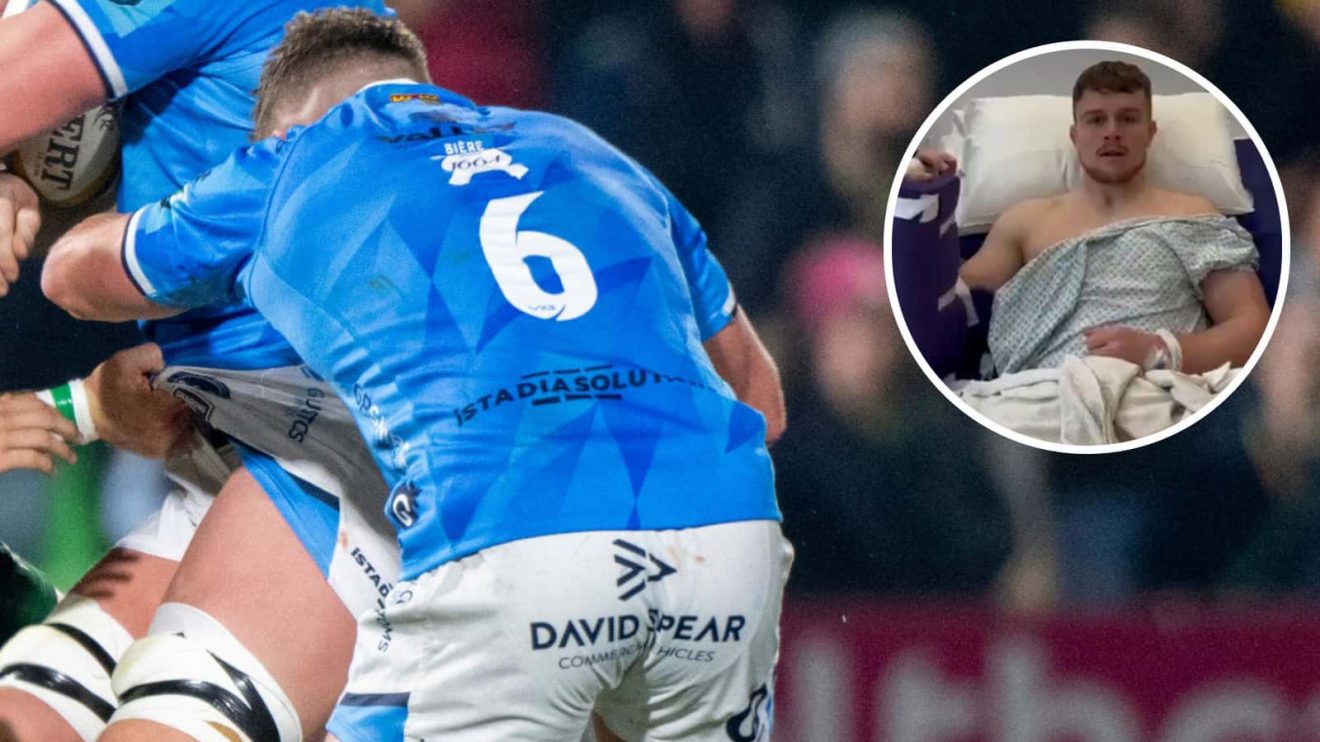 Shane Lewis-Hughes in action for Dragons against Connacht in 2024 and the Wales flanker post-surgery (inset).