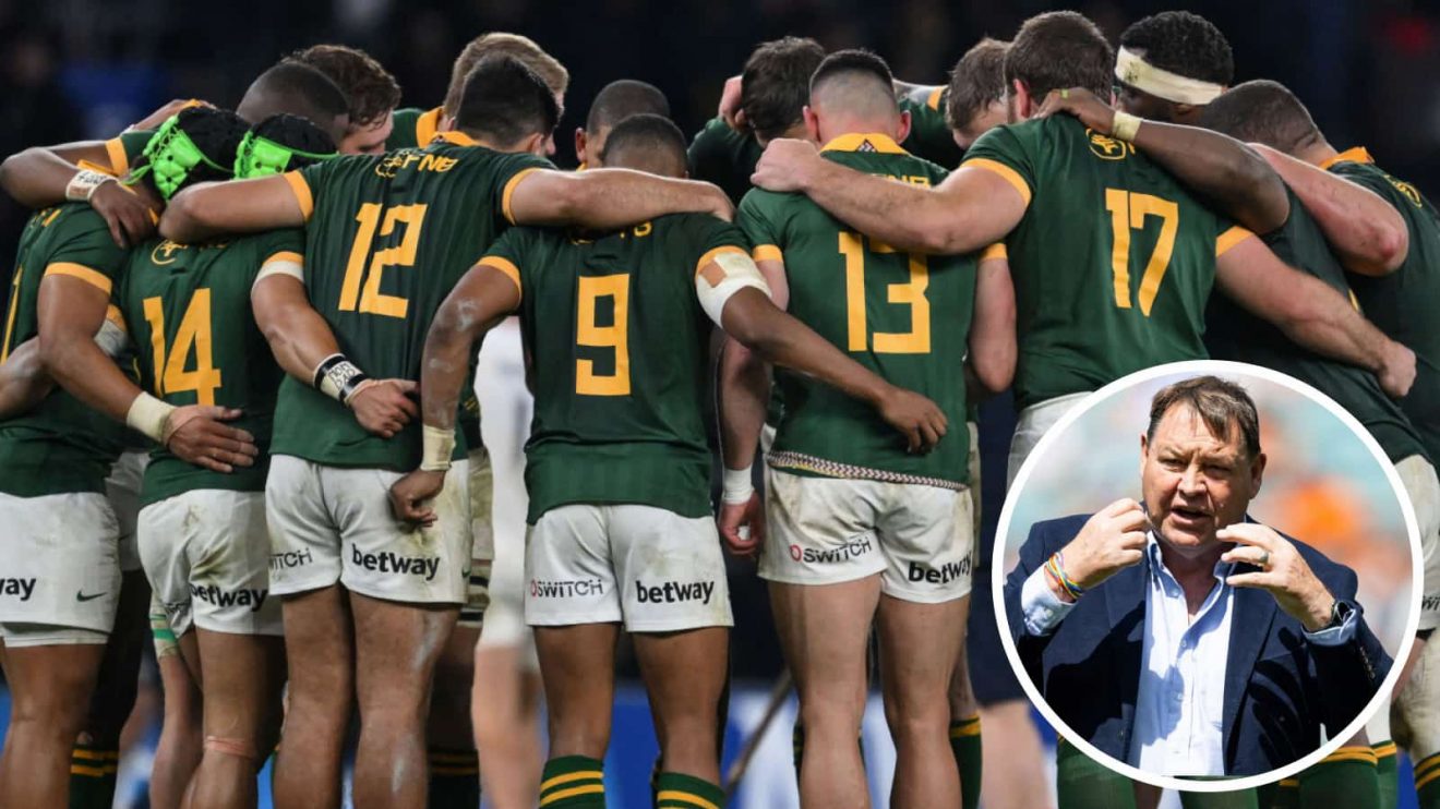 Springboks in a huddle and former All Blacks head coach Sir Steve Hansen (inset).