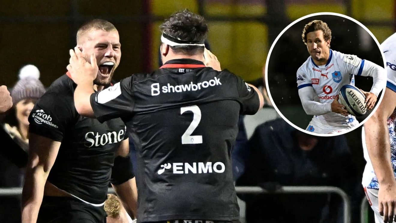 Saracens stars Tom Willis and Jamie George and an insert of Bulls fly-half Johan Goosen.
