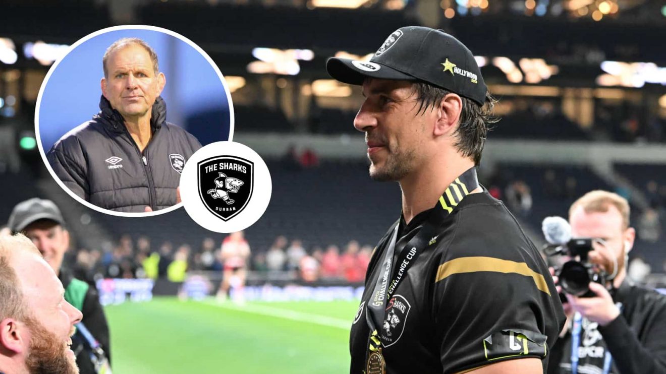 Eben Etzebeth and an insert of Sharks head coach John Plumtree.