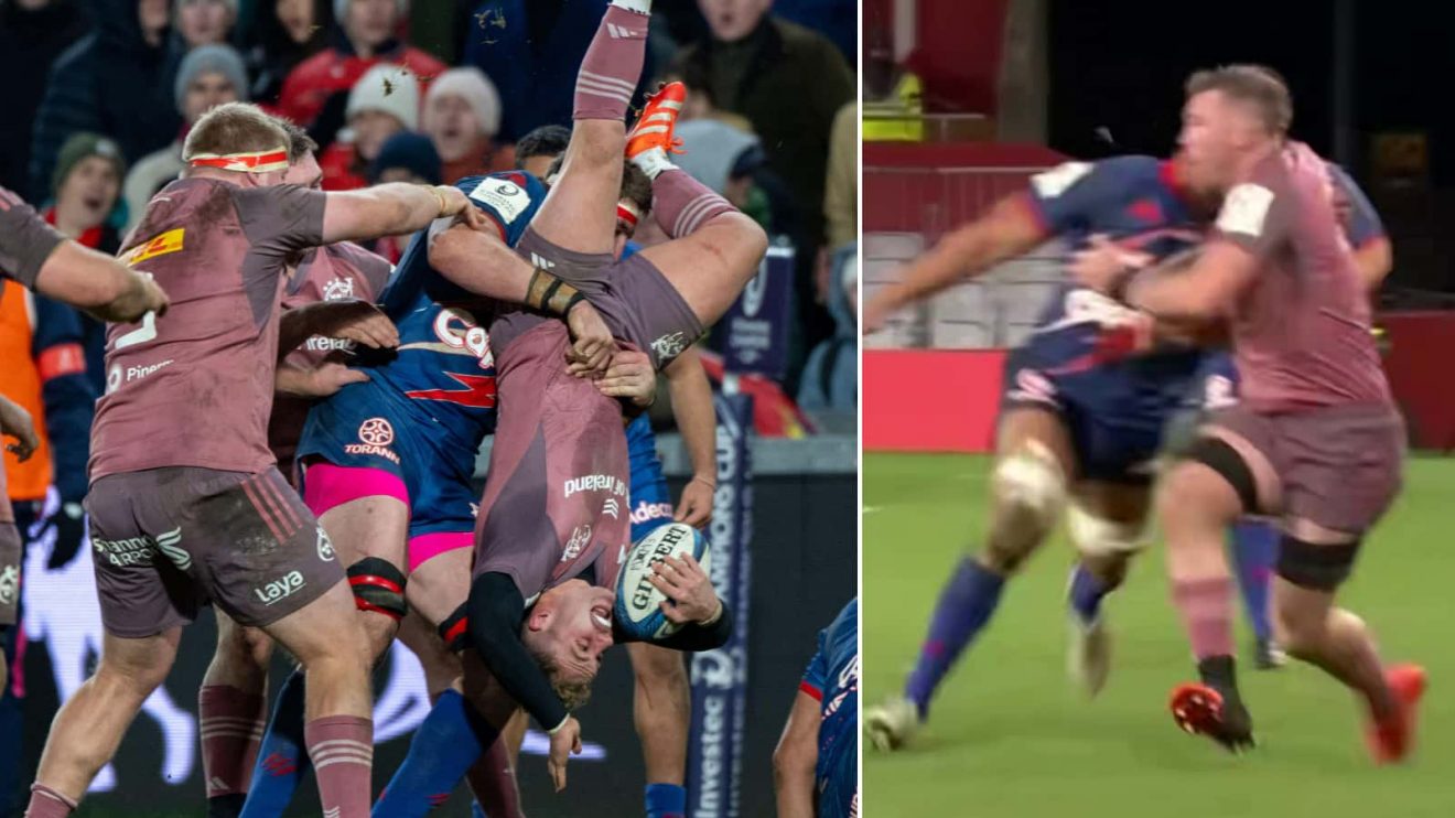 Baptiste Pesenti of Stade Francais turns Craig Casey of Munster upside down and Pierre-Henri Azagoh clotheslines Peter O'Mahony.