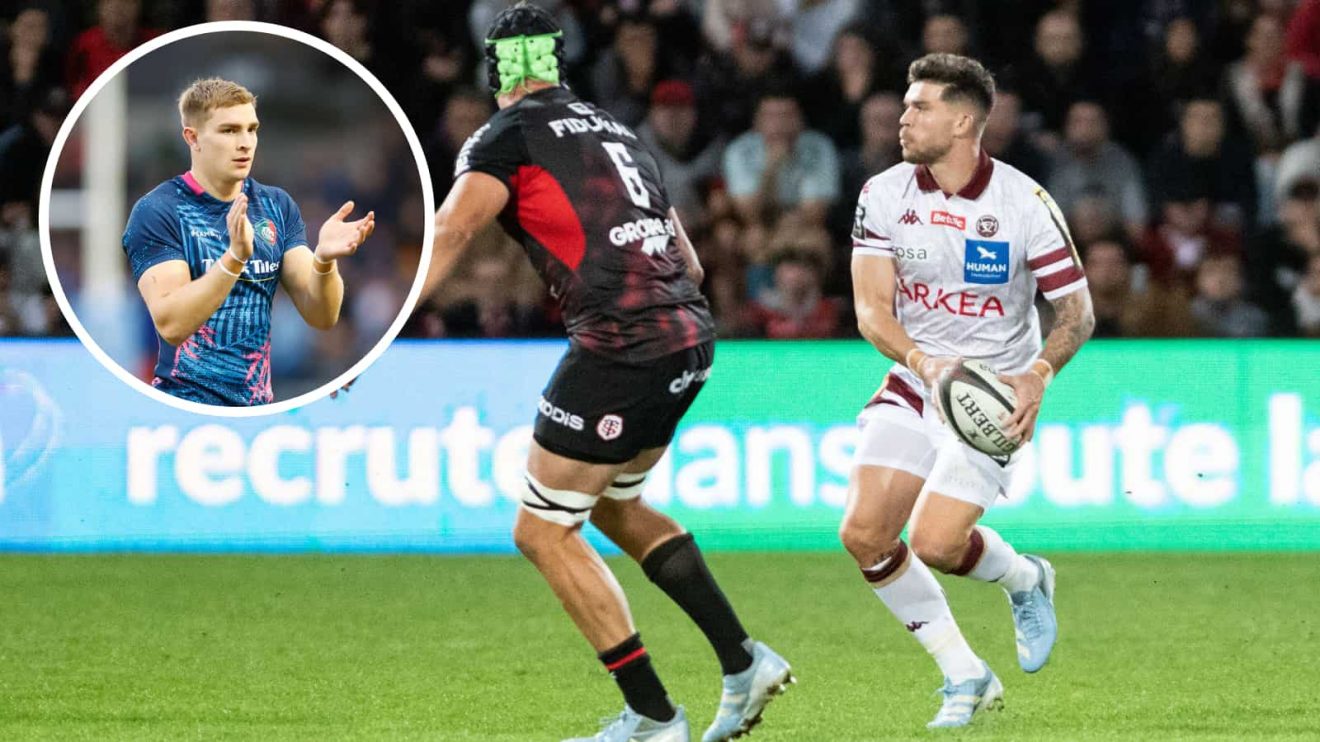Bordeaux fly-half Matthieu Jalibert and an insert of Jack van Poortvliet