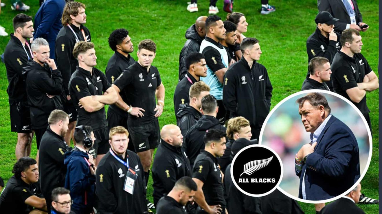 All Blacks dejected after 2023 Rugby World Cup final defeat and former head coach Sir Steve Hansen (inset).