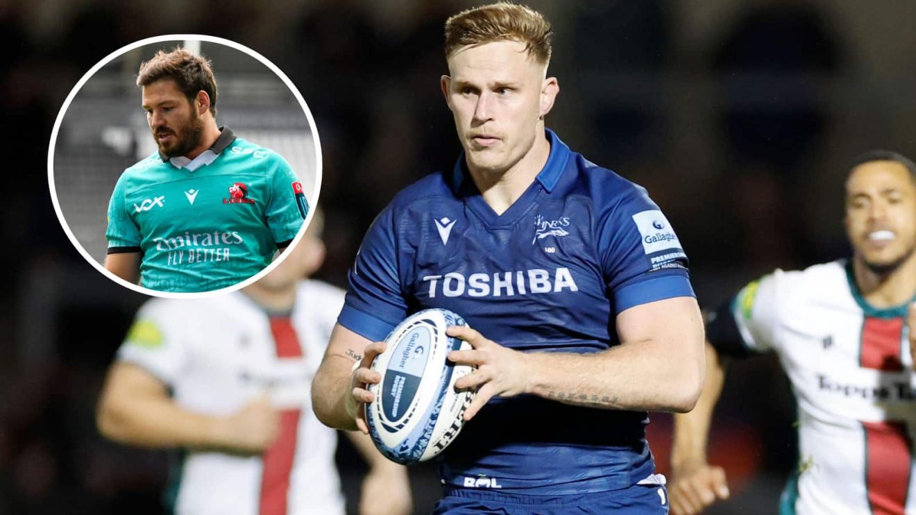 Sale Sharks forward Jean-Luc Du Preez and an insert of Lions centre Marius Louw.