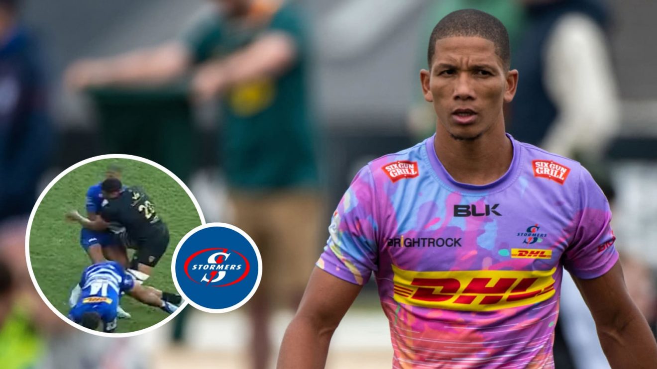 Stormers fly-half Manie Libbok and the hit on him in the Champions Cup in 2024 (inset).