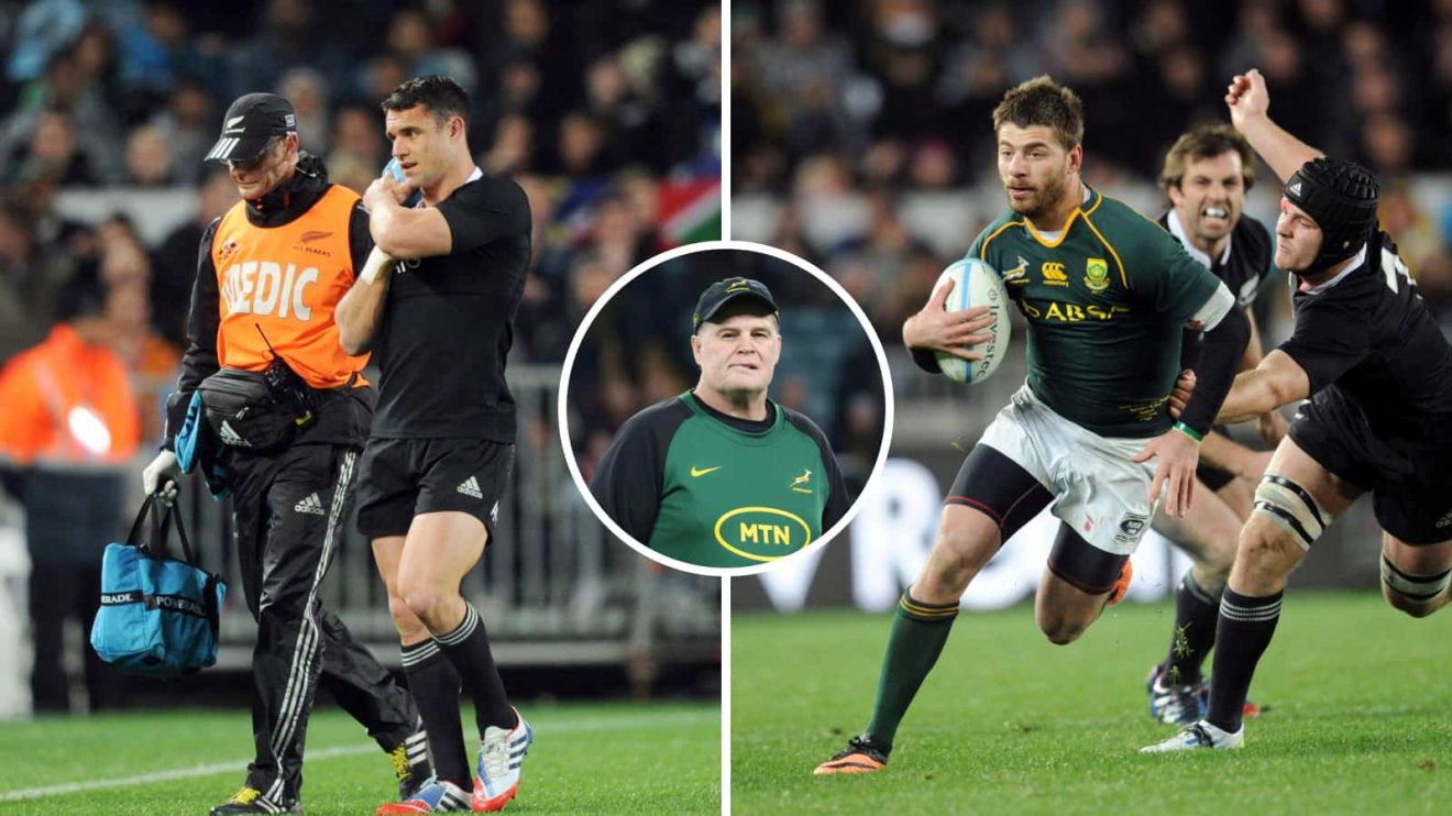 A split image of Dan Carter leaving the Eden Park pitch, Springboks coach Rassie Erasmus and Willie Le Roux evading Sam Cane's tackle.