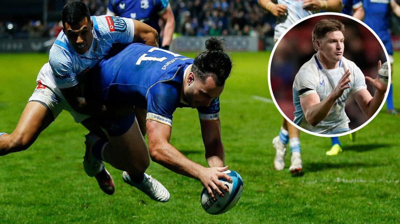 Leinster in action against South African side the Bulls in 2024 and centre Jordie Barrett (inset).