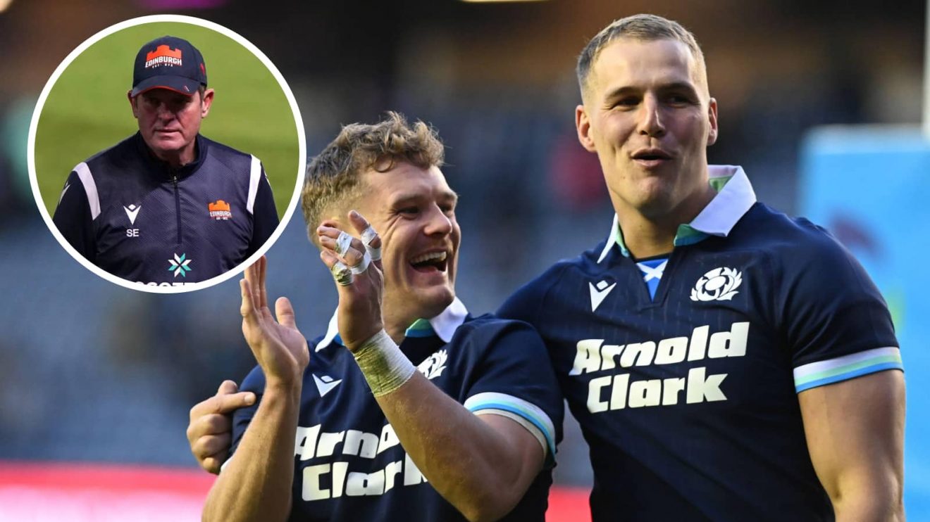 Scotland wingers Duhan van der Merwe and Darcy Graham and an insert of Edinburgh head coach Sean Everitt.