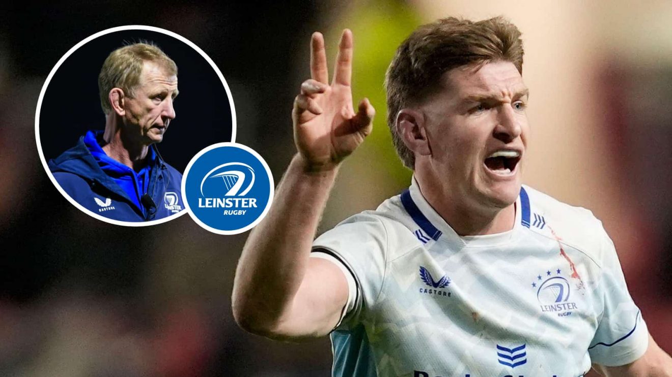 All Blacks star Jordie Barrett and an insert of Leinster coach Leo Cullen.
