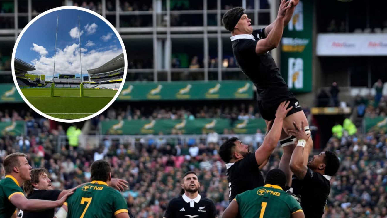All Blacks captain Scott Barrett taking on the Springboks in 2024 and general view of Eden Park (inset).